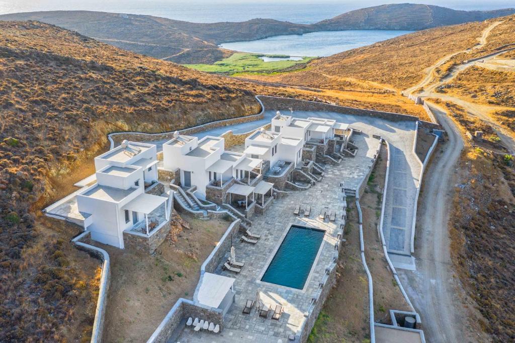 an aerial view of a building on top of a hill at Belvedere in Livadi