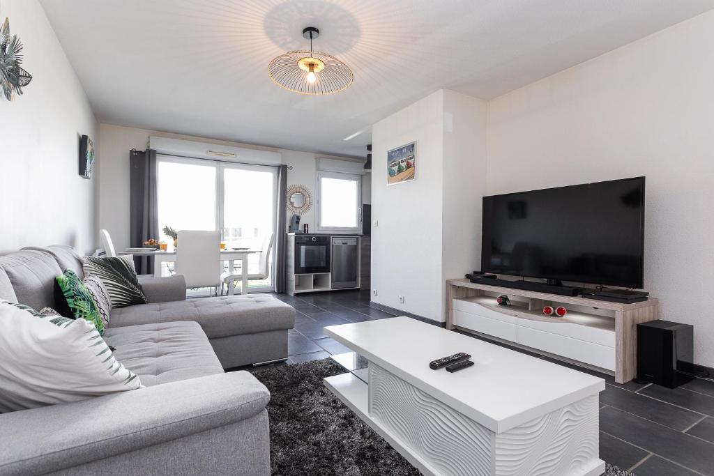 sala de estar con sofá y TV de pantalla plana en Appartement tout confort - Pau Nord, en Pau