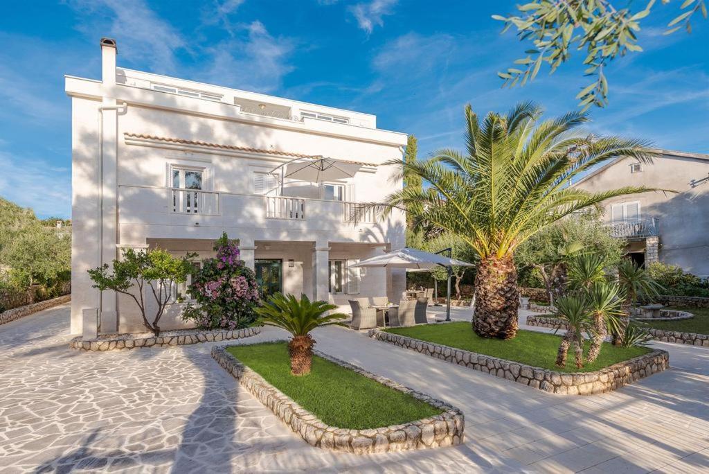 a white house with palm trees in front of it at Villa Bella with pool in Novalja