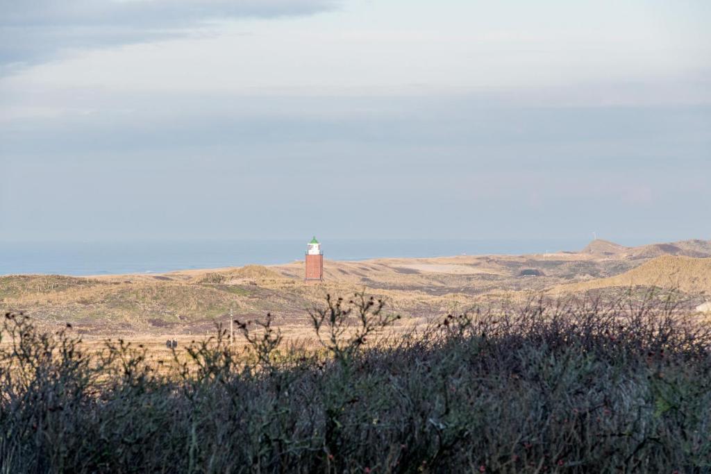 een vuurtoren in het midden van een veld met een waterlichaam bij Oceanview in Kampen