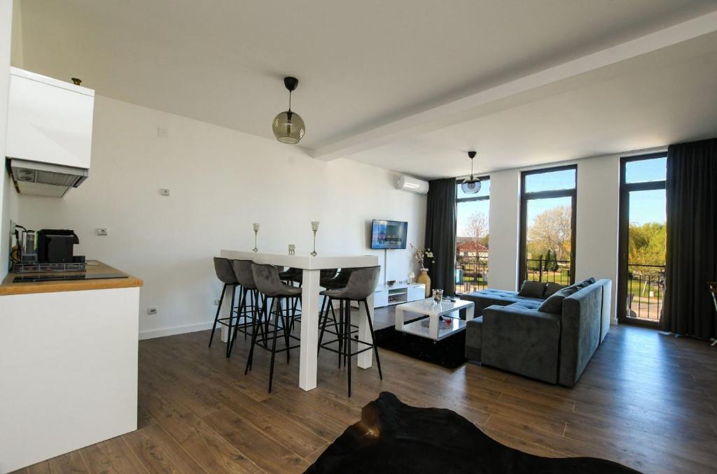 una cucina e un soggiorno con tavolo e divano di Central Apartments a Kladovo