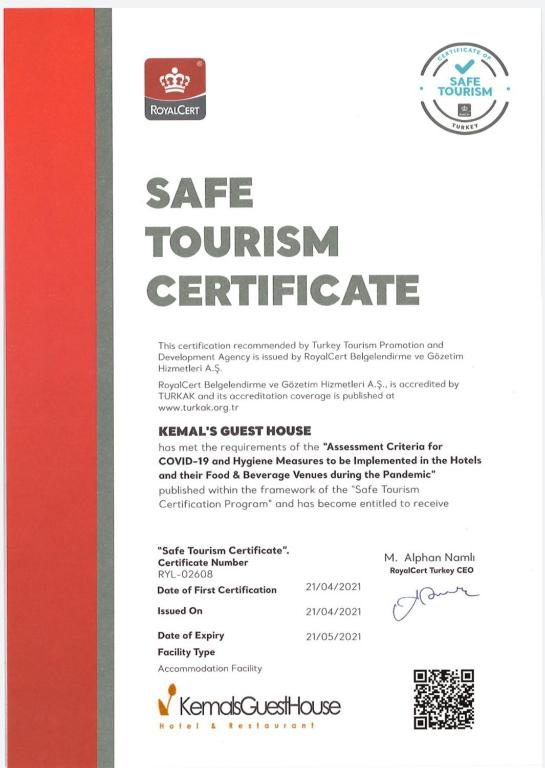 Certifikát, hodnocení, plakát nebo jiný dokument vystavený v ubytování Kemal's Guest House