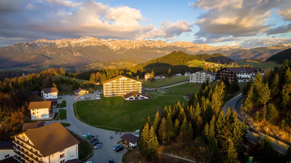 uma pequena cidade nas montanhas com árvores e edifícios em Cheile Gradistei Fundata Resort em Fundata