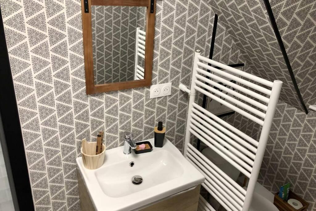a bathroom with a white sink and a mirror at Gite PIPIOU ETAPLES 2 à 4 Personnes in Étaples