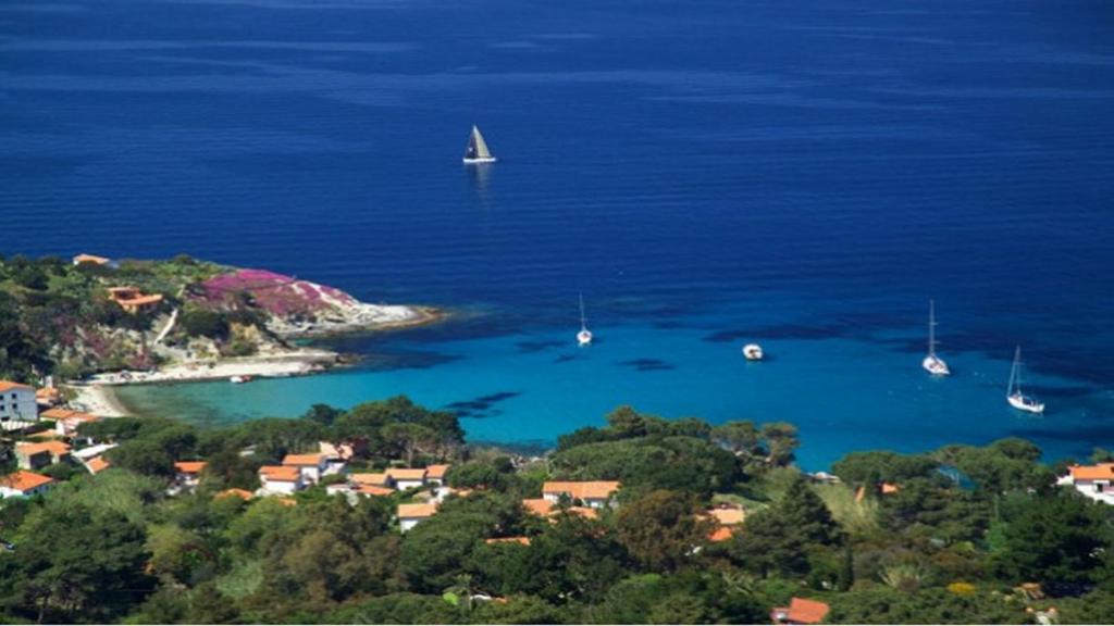 uma vista para uma pequena ilha com barcos na água em Casa Miclara - Monolocale Mandorlo em Marciana