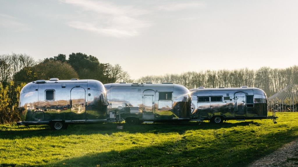 three rvs parked in a field in the grass at Silver Airstream Glamping & Rental in Chichester