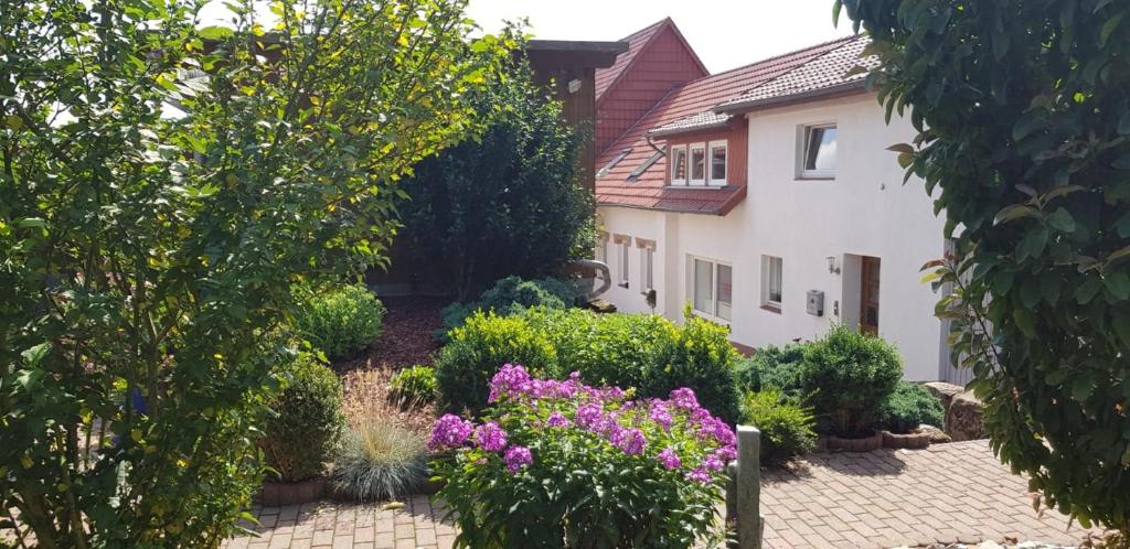 a garden in front of a house with purple flowers at Mein Ferienhaus Seeburg in Seeburg