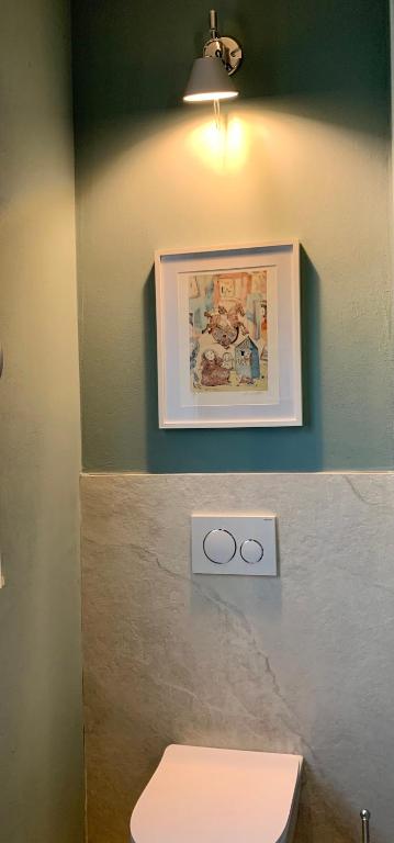 a bathroom with a toilet and a picture on the wall at Villa Luminosa in Torre del Lago Puccini