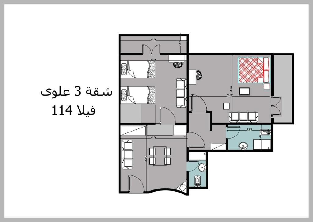 eine Zeichnung eines Grundrisses eines Hauses in der Unterkunft Chalet 3 VILLA114 first floor 2bed rooms and 2 bathrooms sea view green beach in El-Alamein