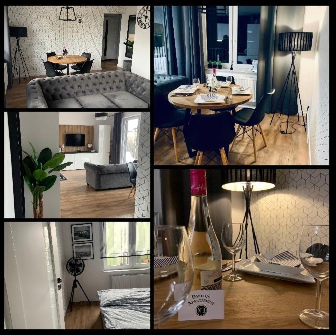 een collage van foto's van een woonkamer en een fles wijn bij Daniel’s Apartament in Mielno