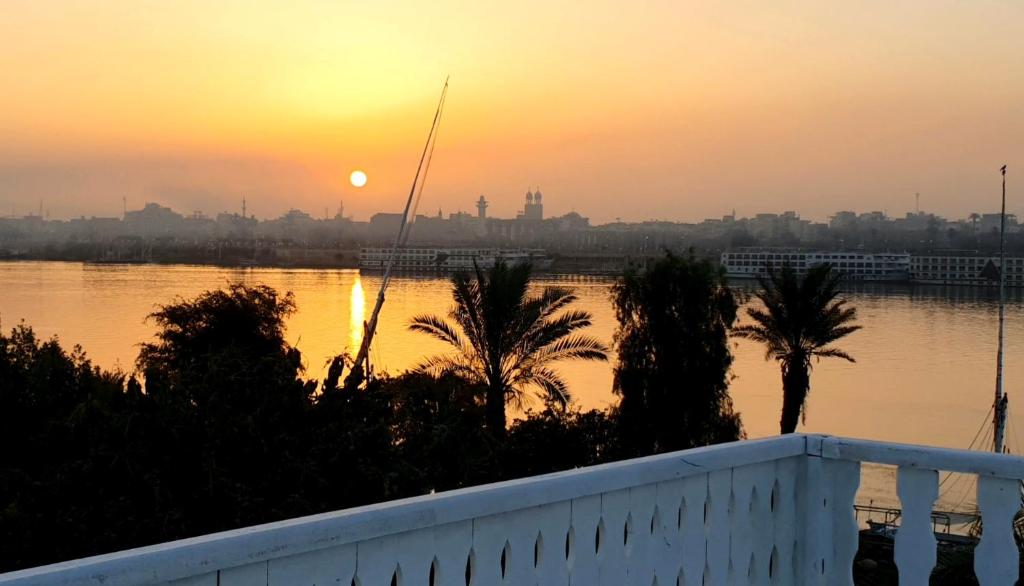 einen Sonnenuntergang über einem Wasserkörper mit Palmen in der Unterkunft Luxor Guest House in Luxor