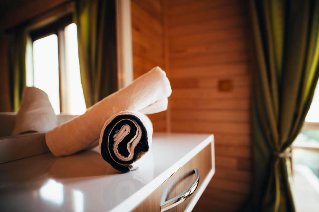 a towel sitting on top of a drawer in a room at 7 Green Adrasan in Adrasan