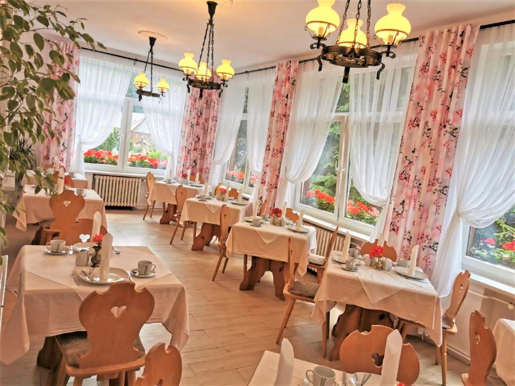 a restaurant with tables and chairs and windows at Pension Haus Anna in Kurort Altenberg
