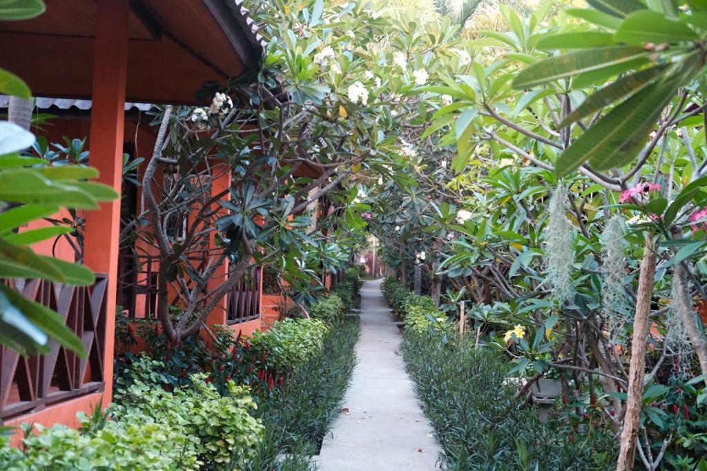 um jardim com um corredor de árvores e plantas em Nat Resort Koh Tao em Ko Tao
