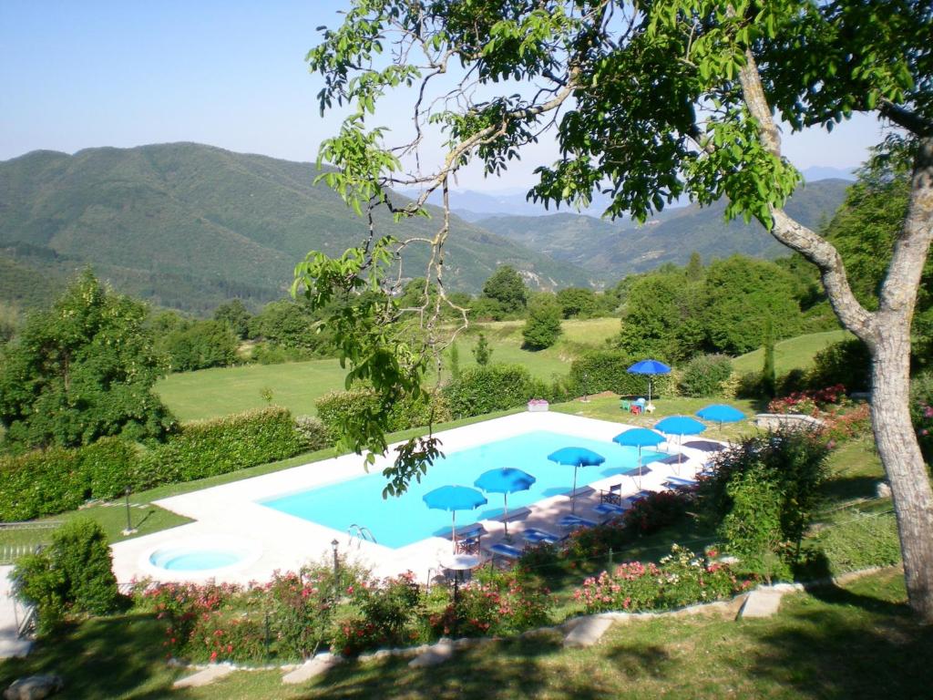 ein großer Pool mit Sonnenschirmen und Liegestühlen in der Unterkunft Casa Vacanze Miravalle in Minucciano