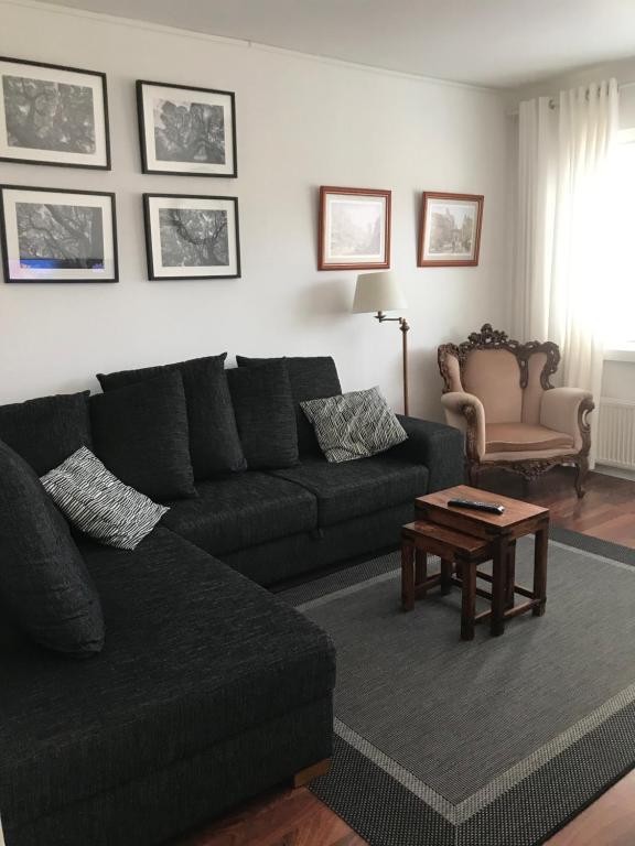 a living room with a black couch and a table at City Apartment Sairaalakatu in Kuopio