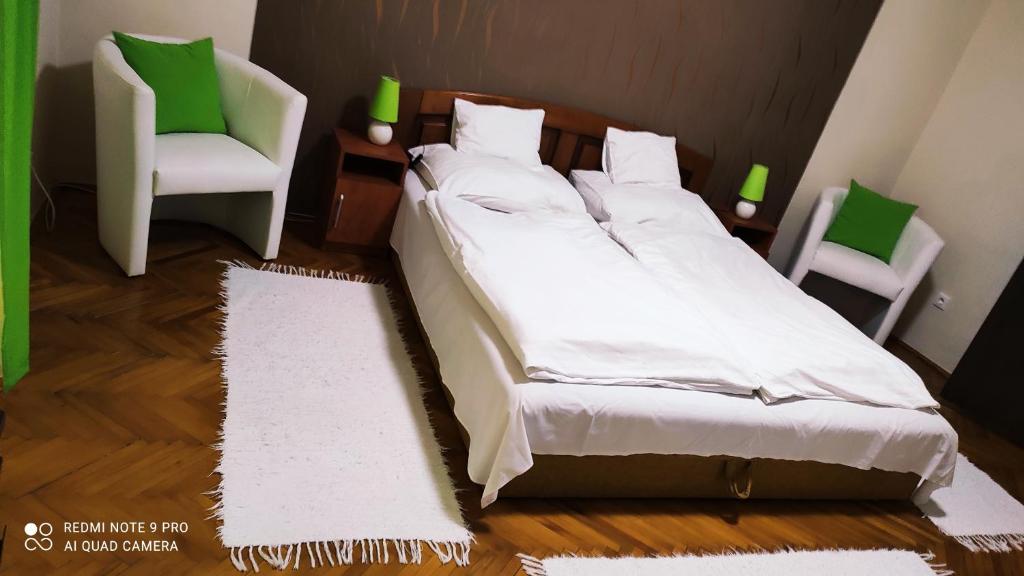 a bedroom with a bed and a chair in it at Viva Apartman in Sárvár