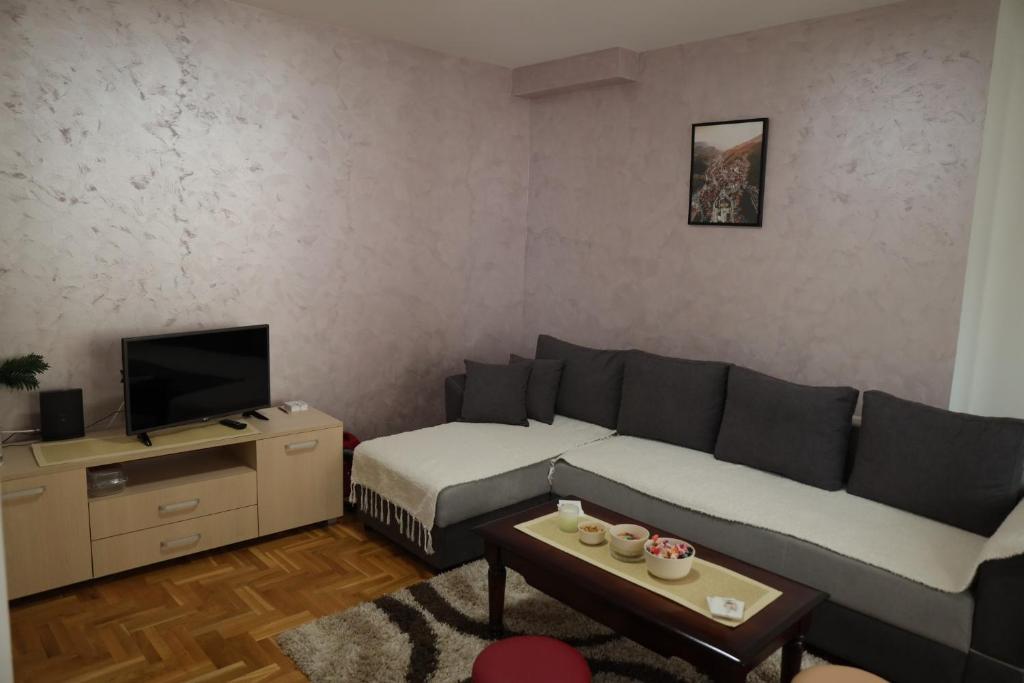 a living room with a couch and a tv at Apartman Rastko in Nova Varoš