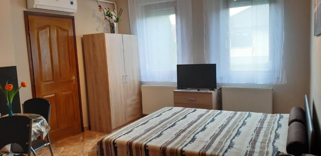 a bedroom with a bed and a television in it at Flora Apartman in Gyula