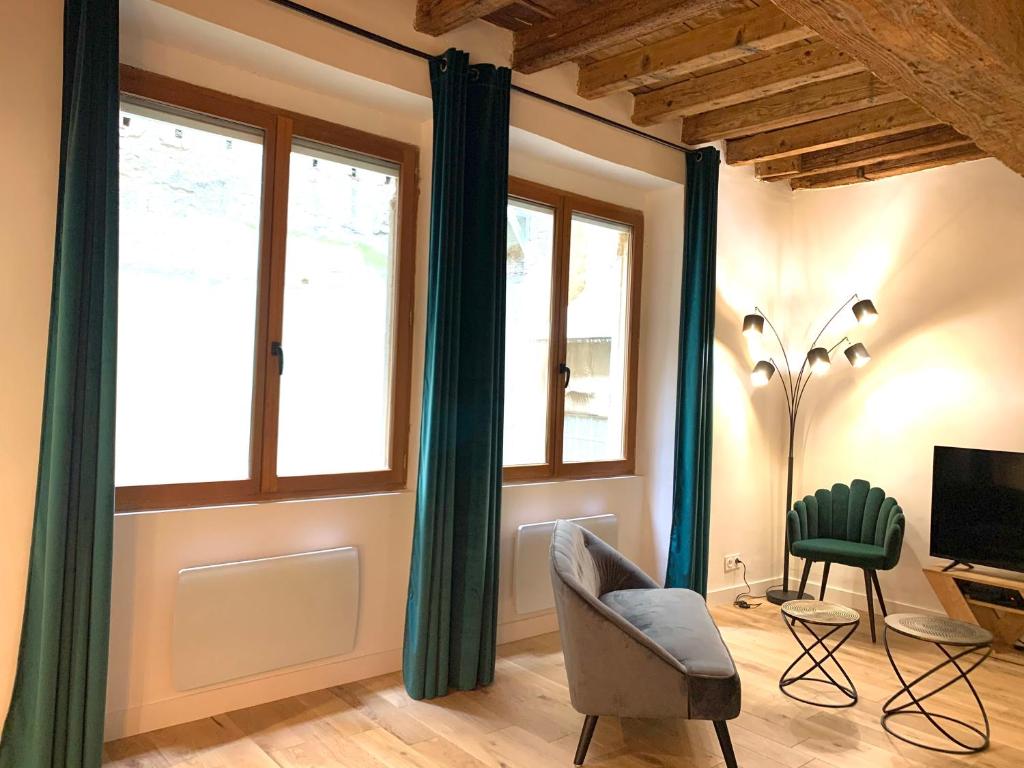 a living room with two windows and a chair at Luxe et Calme en Hyper Centre - La Cour des Bois in Lyon