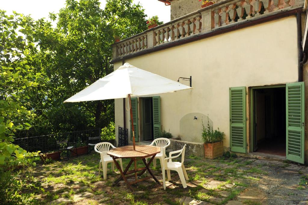 einen Tisch und Stühle mit Sonnenschirm im Hof in der Unterkunft La Colonica in Londa