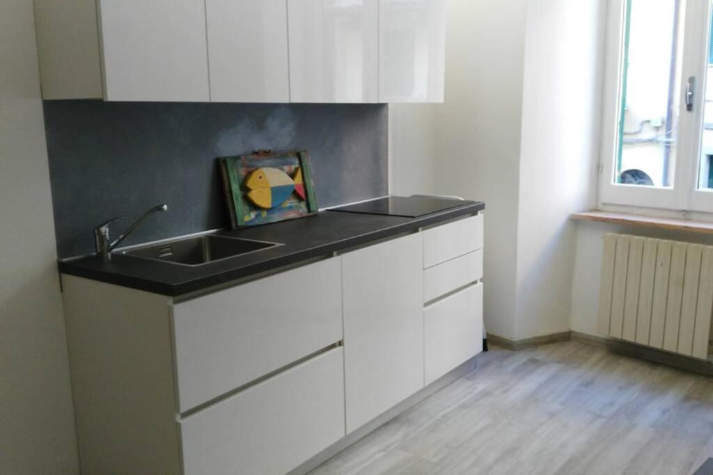 Una cocina con fregadero y gabinetes blancos. en Appartamento VIA COLOMBO 99, en Riomaggiore
