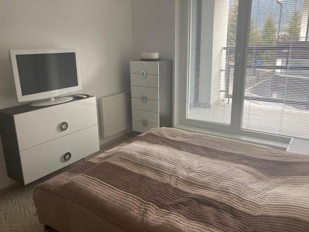 1 dormitorio con cama y vestidor con TV en Donovaly Triangel A10 en Mistríky