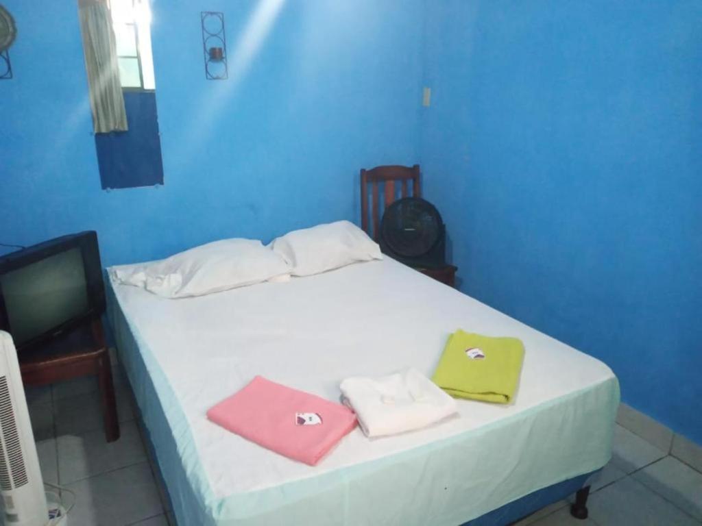 a blue room with a bed with two towels on it at HOSTAL CASA PILAR in Masaya