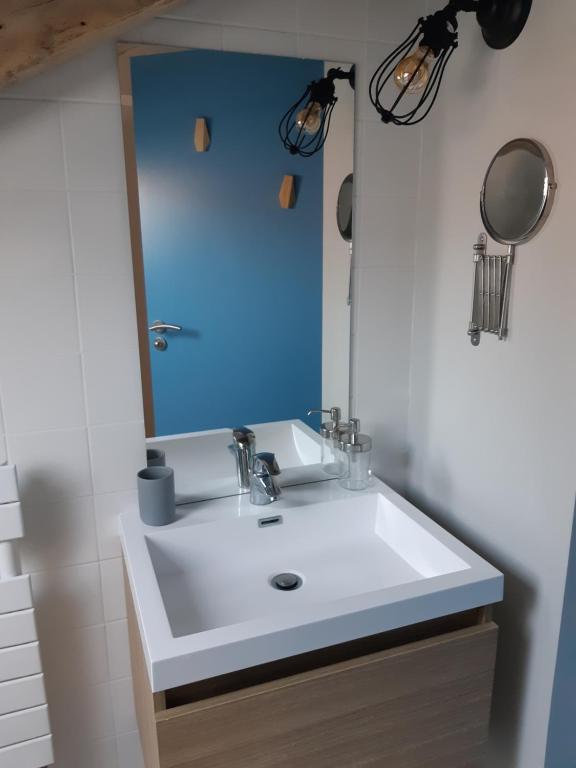 een badkamer met een witte wastafel en een spiegel bij les gîtes Gillois in Gilles