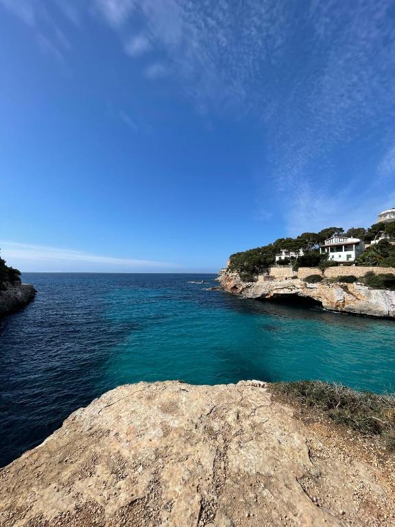 a view of the ocean with houses on the shore at Hostal Palmaria in Cala Santanyi