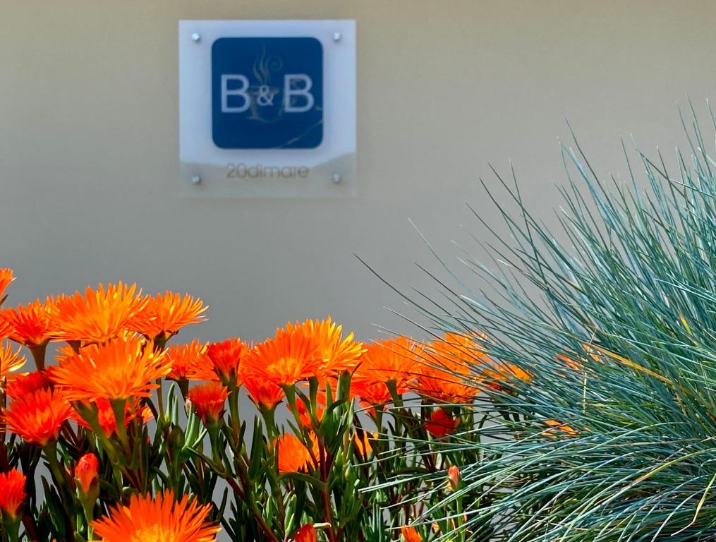 een bord met oranje bloemen voor een gebouw bij 20dimare in Cesenatico