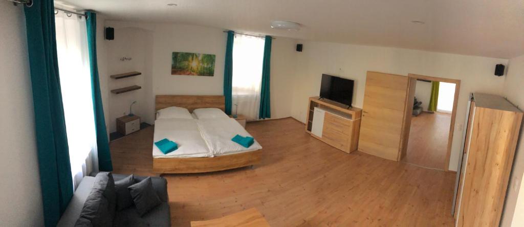 1 dormitorio con 1 cama y TV en Ferienwohnung „Gmünder Hof“ en Gmünd