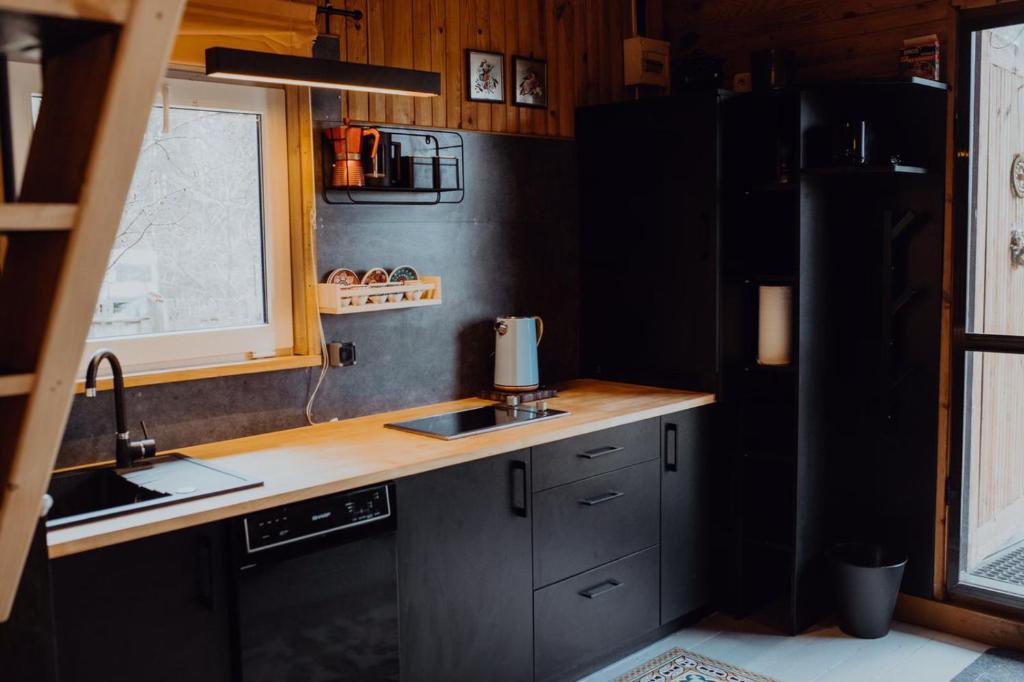 uma cozinha com armários pretos, um lavatório e uma janela em Dom w Puszczy em Supraśl