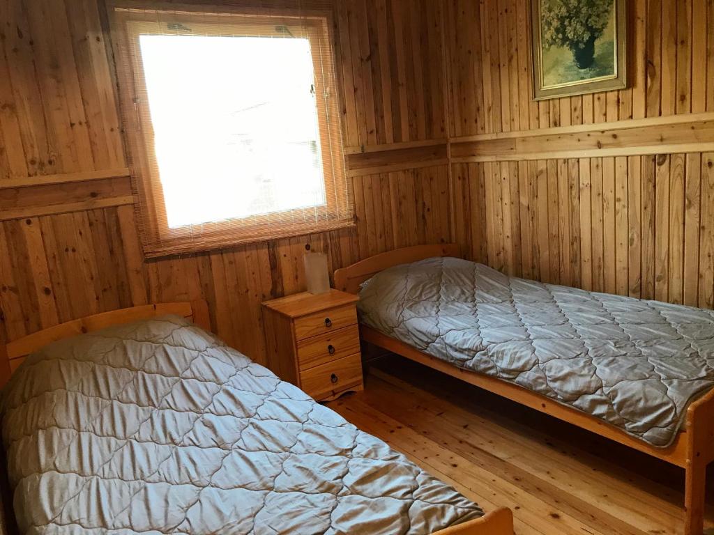 two beds in a room with wooden walls and a window at Domek Green Dźwirzyno in Dźwirzyno