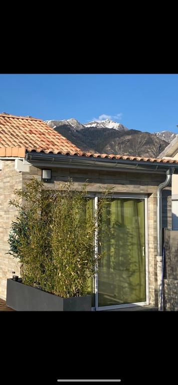 une fenêtre d'une maison avec une plante dans l'établissement Beau T2 cosy Entre Gap et le lac de Serre-ponçon, à La Bâtie-Neuve