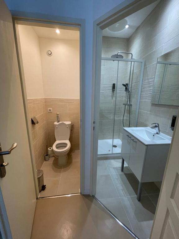 a bathroom with a toilet and a shower and a sink at Studio 11 Panier Vieux Port Roof Top in Marseille