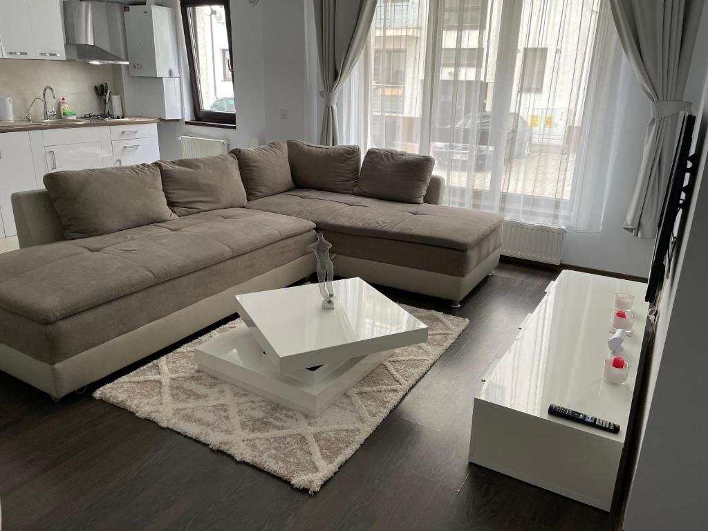 sala de estar con sofá y mesa de centro en THE ARTIST - Copou, en Iaşi