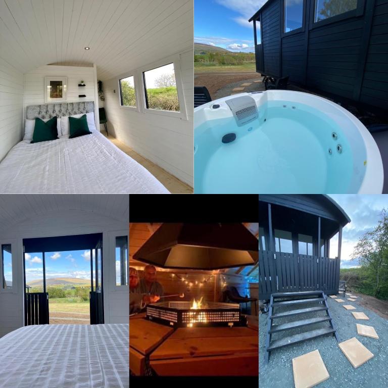 a collage of photos of a house with a hot tub at Little lake lodge also on fb for pics and info in Armoy