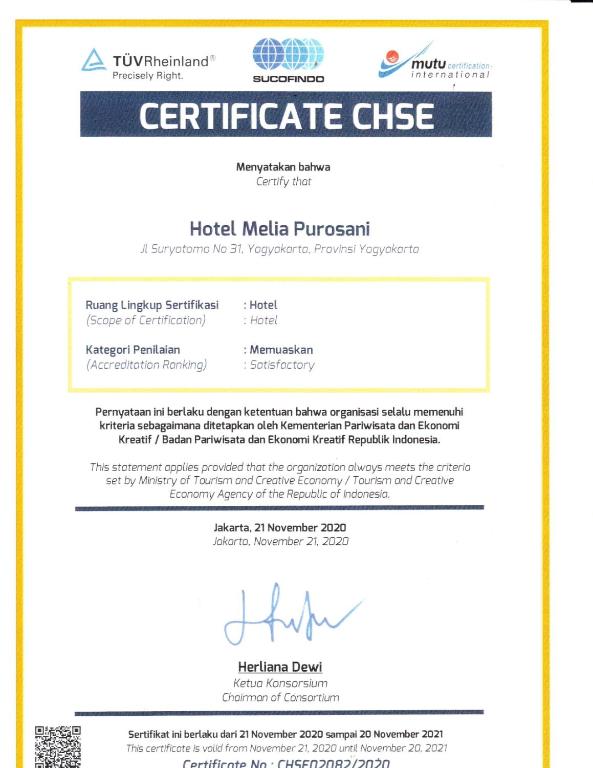 Certifikát, hodnocení, plakát nebo jiný dokument vystavený v ubytování Melia Purosani Yogyakarta