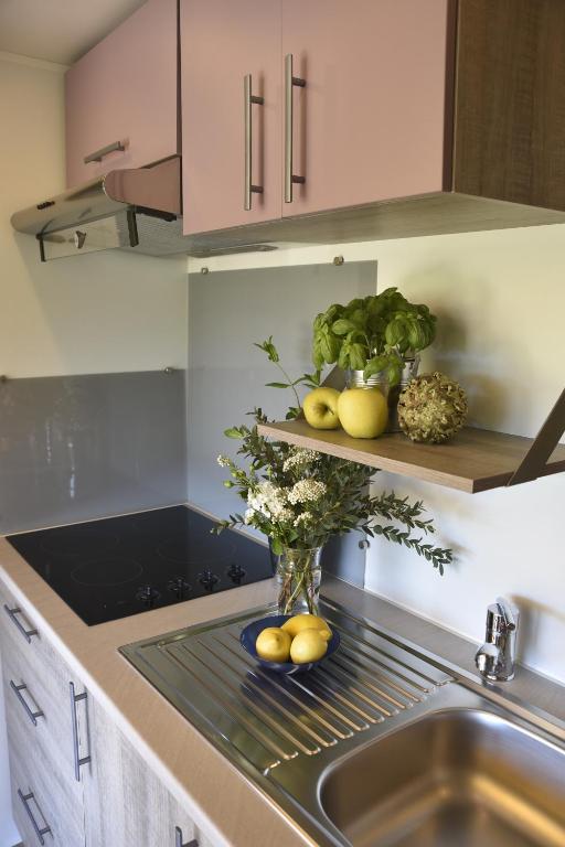 a kitchen with a sink and a vase of flowers on a shelf at Sas Robrecht in Saint-Tropez