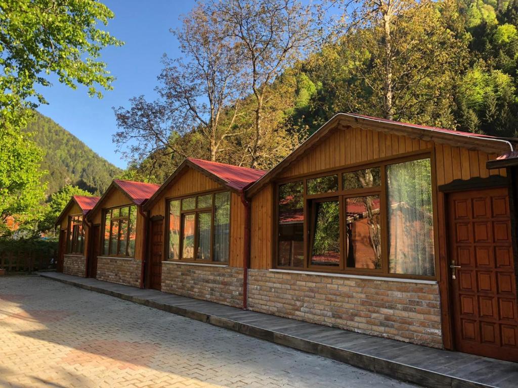 a row of cottages in the woods at şerah bungawilla in Uzungöl