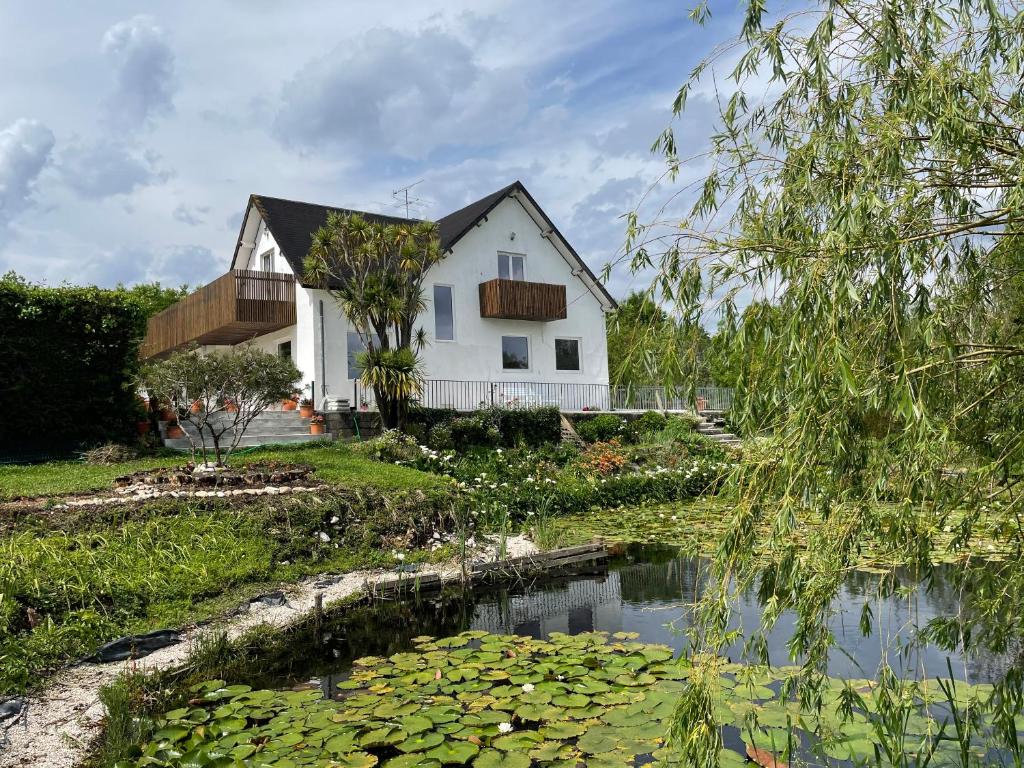 une maison avec un étang en face de celle-ci dans l'établissement Quinta do Soldado, à Albergaria-a-Velha