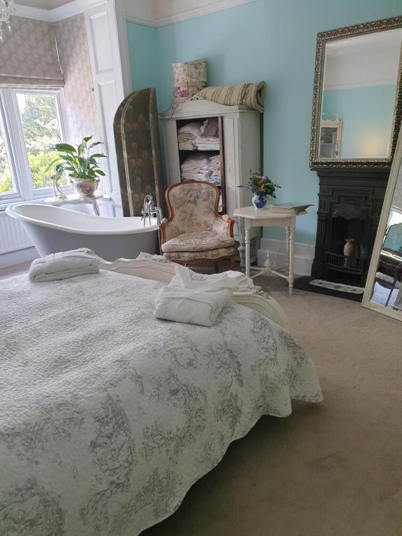 um quarto com uma cama grande e uma banheira em Judy's B&B private home em Cardiff