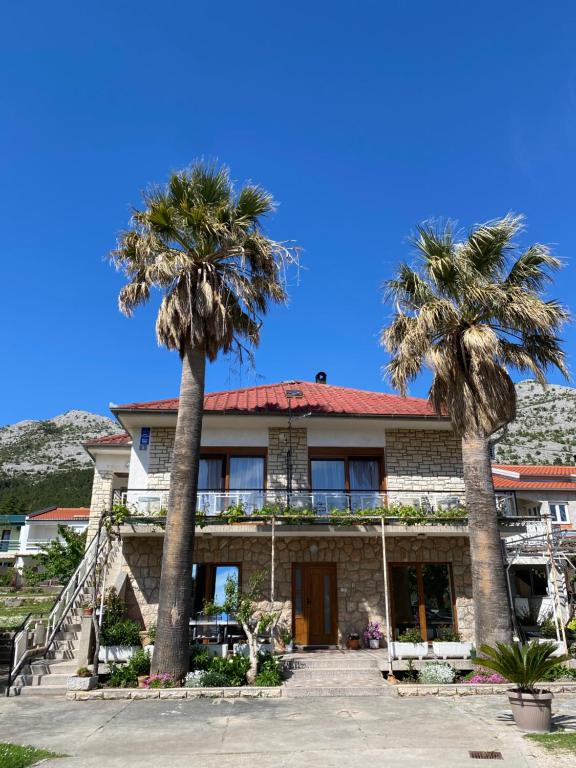 a house with two palm trees in front of it at APARTMANI 4 PALME in Starigrad-Paklenica