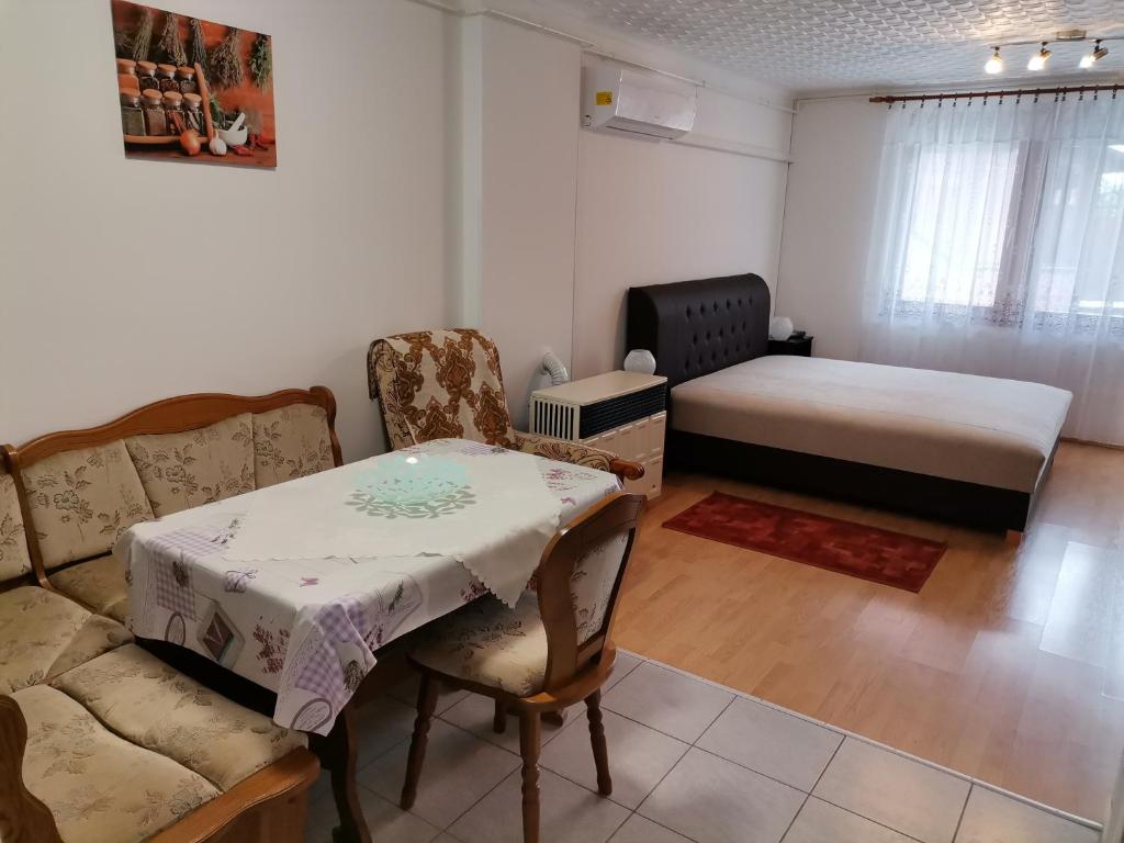 "ハルカーニャ"にあるAida apartmanのソファ、テーブル、ベッドが備わる客室です。