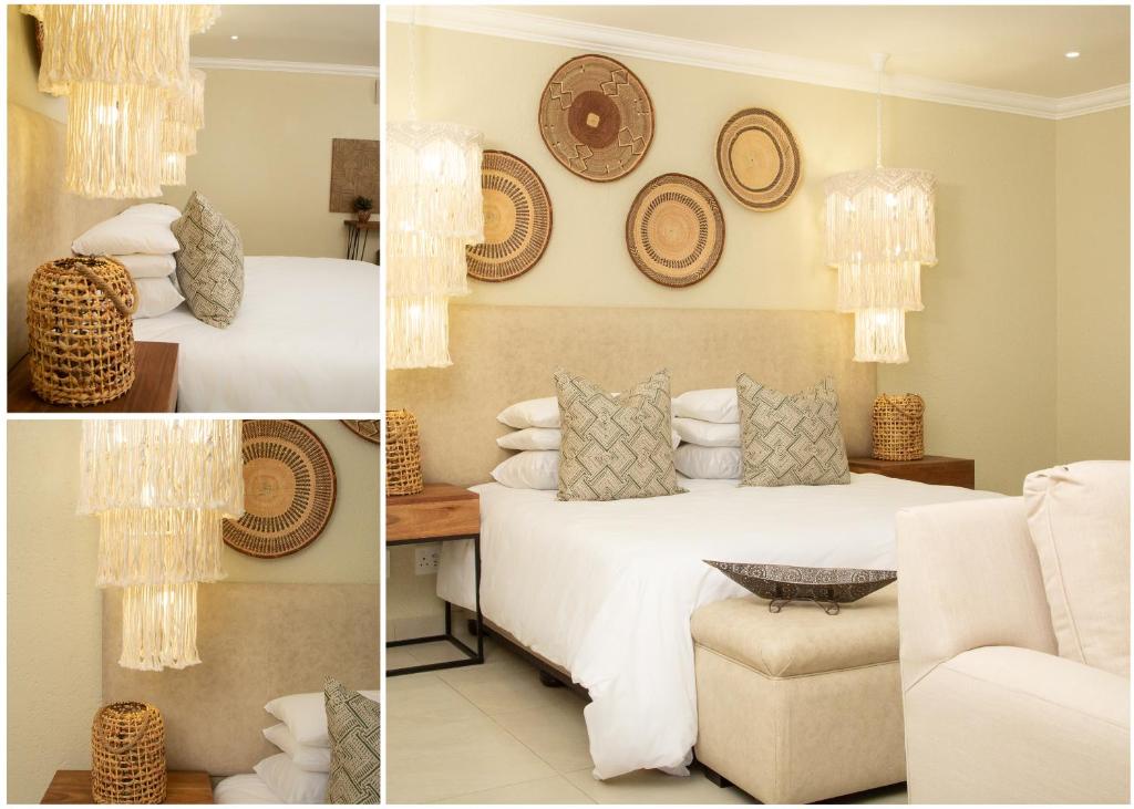 2 immagini di una camera da letto con letto e sedia di Pumbaa Wildlife Park & Accommodation a Nelspruit