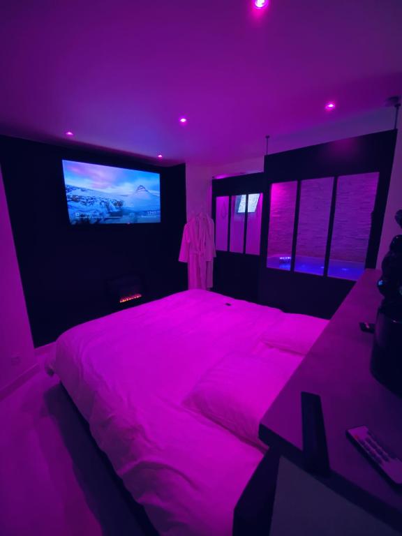 a purple bedroom with a bed and a tv at Lh Rooms Location in Le Havre