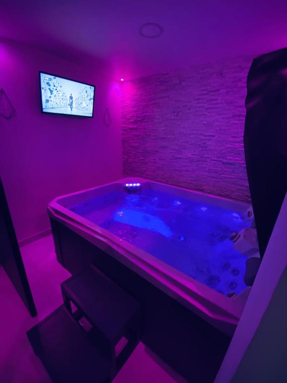 a purple room with a tub with a tv at Lh Rooms Location in Le Havre