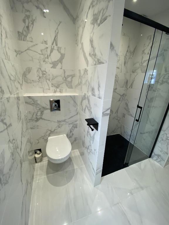 a white bathroom with a toilet and a shower at Lh Rooms Location in Le Havre