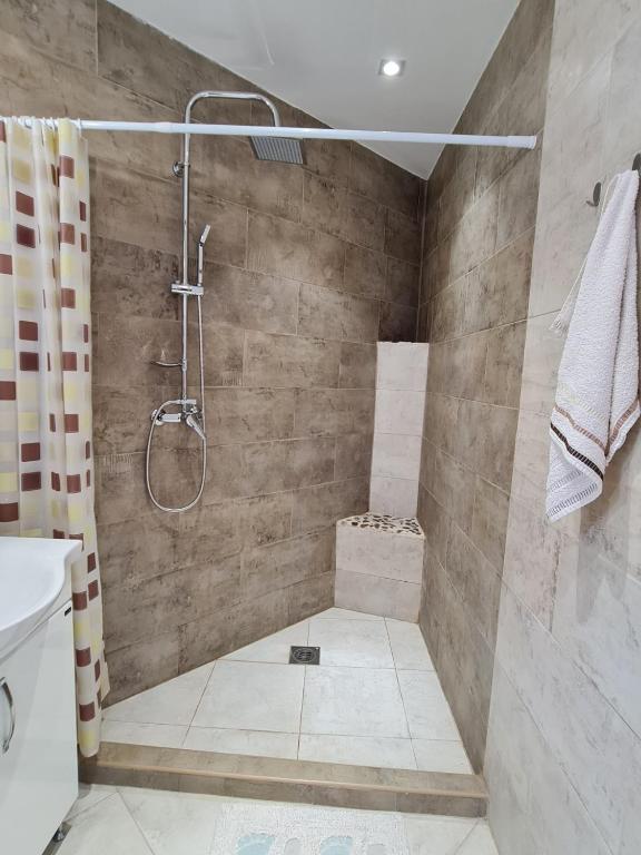 a bathroom with a shower with a shower curtain at Lux apartmani Darija in Kotor